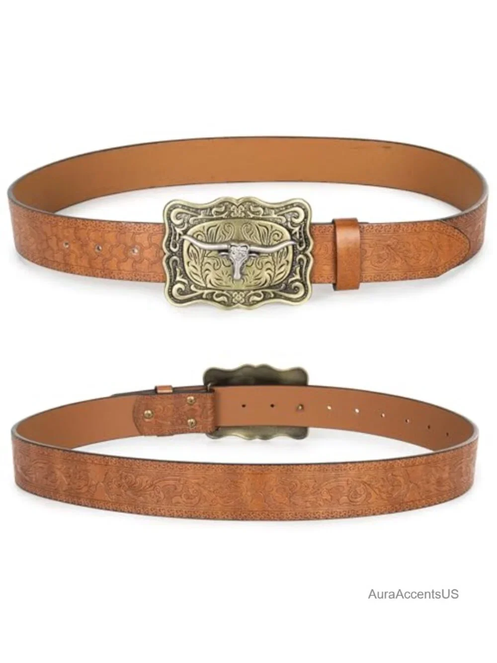 Western Cowboy Leather Belt Turquoise Oval Buckle Embossed PU Leather